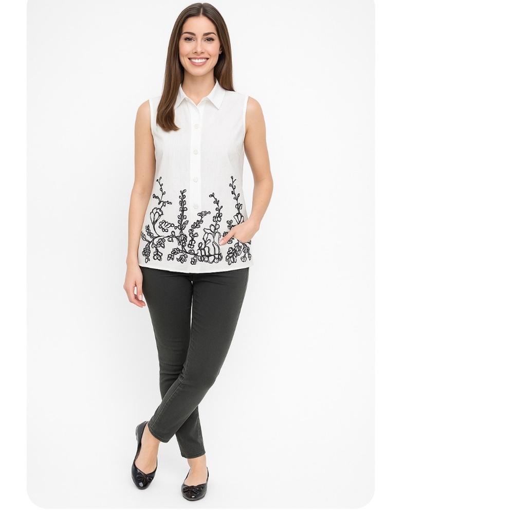 Elegant White Sleeveless Irish Lace Shirt with Black Embroidery - Picture 5 of 5